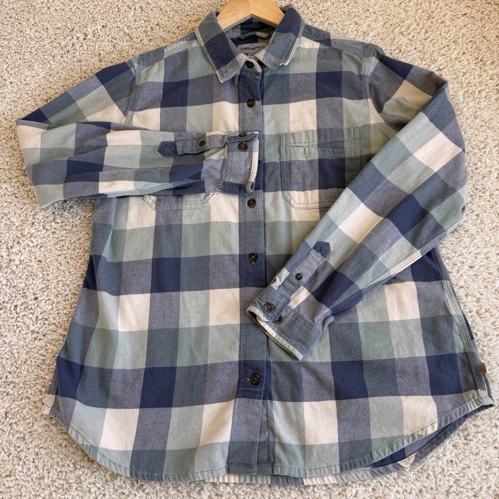 Carhartt Plaid Button Down Shirt Kids Size L 12/14 Blue Teal Excellent Flannel